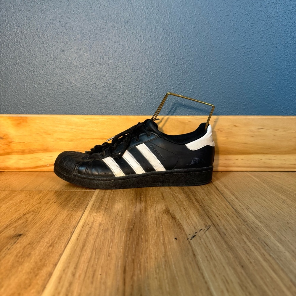 Adidas Shell Toe Leather Black and White Stripe Sneakers Men’s Size 6.5/Womens 8 - Picture 4 of 11